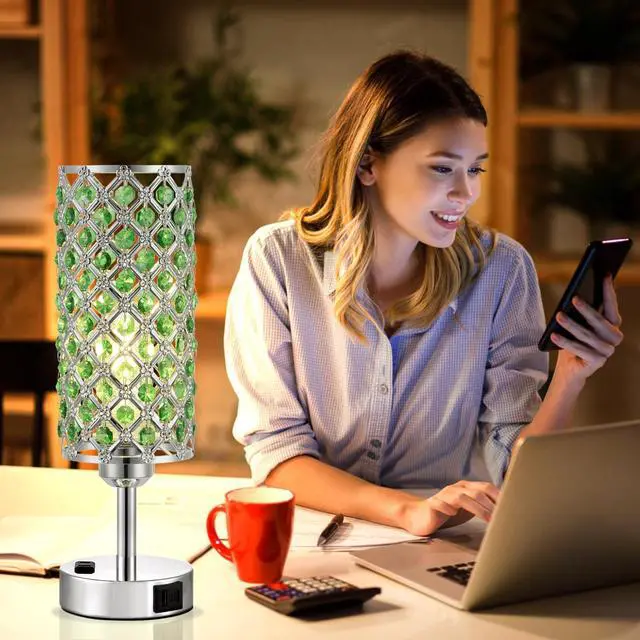 Alt view image 7 of 7 - Green Crystal Lamp Touch Control Set of 2, Crystal Table Lamps with USB C+A Ports & AC Outlet, 3-Way Dimmable Nightstand Touch Lamp, Modern Bedside Table Lamp for Bedroom(Bulbs Included)
