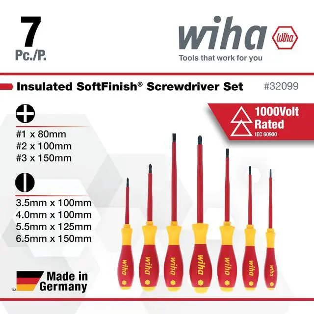Alt view image 3 of 6 - 32099 Insulated Screwdriver Set, 7-Piece 1000V Professional Tool Kit 1000V VDE certified, SoftFinish cushion grip, precision machined tips, tested to 10,000 volts, made in Germany