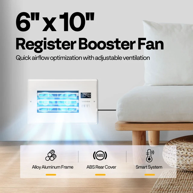 Alt view image 7 of 7 - Register Booster Fan - 6'' x 10'' Opening with Adjustable Louver Smart Thermostat & 10-Speed Remote Control - AC Vent Fan for Floor, Ceiling, Wall - Quiet Operation (White)
