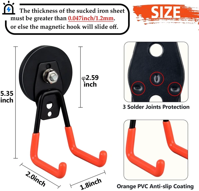 Alt view image 2 of 7 - Heavy Duty Magnetic Garage Hook,10 Pack Strong Large Magnet Hooks for Power Drill,Garden Tools,Hose,Pegboard,Garage, Workshop,Magnetic Storage Hooks for Indoor Outdoor Hanging(Orange)