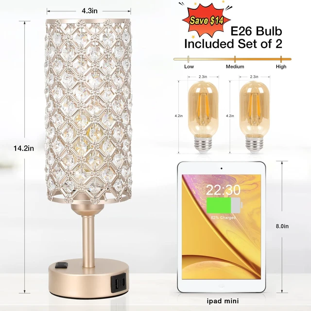 Alt view image 3 of 7 - Touch Table Lamps for Bedrooms Set of 2-3 Way Dimmable Champagne Gold Crystal Lamps with Crystal Shade, Bedside Nightstand Lamp for Living Room Bedroom Home Office