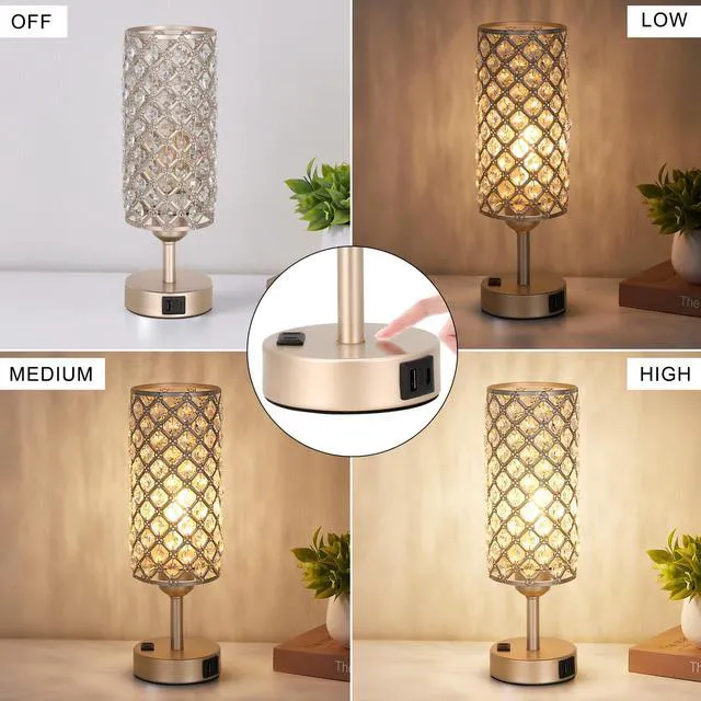Alt view image 4 of 7 - Touch Table Lamps for Bedrooms Set of 2-3 Way Dimmable Champagne Gold Crystal Lamps with Crystal Shade, Bedside Nightstand Lamp for Living Room Bedroom Home Office