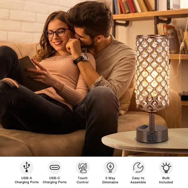 Alt view image 2 of 7 - Crystal Table Lamp Touch Control Set of 2, 3-Way Black Crystal Lamps with USB C+A Ports & AC Outlet, Dimmable Nightstand Desk Lamps,Modern Bedside Table Lamp for Bedroom(Bulbs Included)