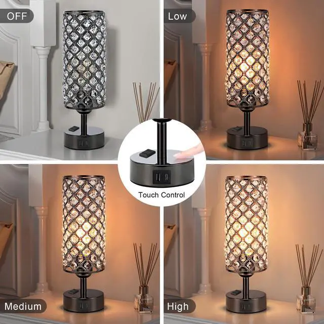 Alt view image 3 of 7 - Crystal Table Lamp Touch Control Set of 2, 3-Way Black Crystal Lamps with USB C+A Ports & AC Outlet, Dimmable Nightstand Desk Lamps,Modern Bedside Table Lamp for Bedroom(Bulbs Included)