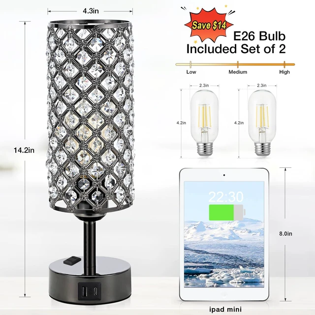 Alt view image 4 of 7 - Crystal Table Lamp Touch Control Set of 2, 3-Way Black Crystal Lamps with USB C+A Ports & AC Outlet, Dimmable Nightstand Desk Lamps,Modern Bedside Table Lamp for Bedroom(Bulbs Included)