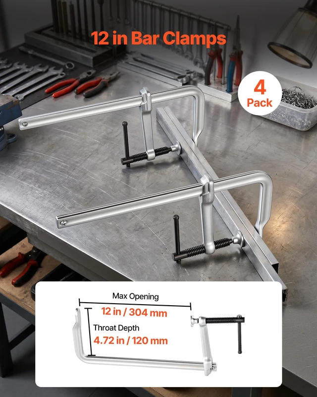 Alt view image 2 of 7 - Bar Clamps for Woodworking, 4-Pack, 12" Opening, 4.72 in Throat Depth, 1200 lbs Load Limit, Sturdy Steel Forging and Casting, with Swivel Jaw and T-Handle, for Wood Working and Metal Working