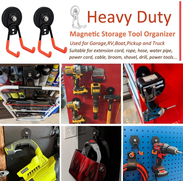 Alt view image 5 of 7 - Heavy Duty Magnetic Garage Hook,10 Pack Strong Large Magnet Hooks for Power Drill,Garden Tools,Hose,Pegboard,Garage, Workshop,Magnetic Storage Hooks for Indoor Outdoor Hanging(Orange)