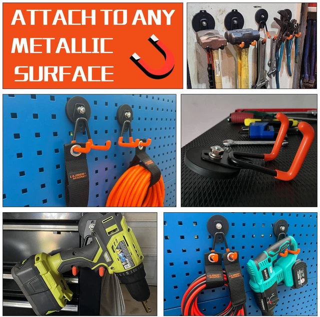 Alt view image 6 of 7 - Heavy Duty Magnetic Garage Hook,10 Pack Strong Large Magnet Hooks for Power Drill,Garden Tools,Hose,Pegboard,Garage, Workshop,Magnetic Storage Hooks for Indoor Outdoor Hanging(Orange)