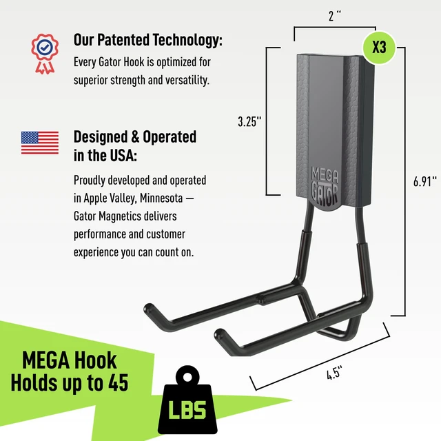 Alt view image 2 of 7 - MEGA 4.5 in Open Hooks, 45 lb Magnetic Hooks 3 Pack Patented Easy-Release, Non-Slip Grip. Works on steel cabinets, doors, garage, toolboxes, pole barns, utility vans & more