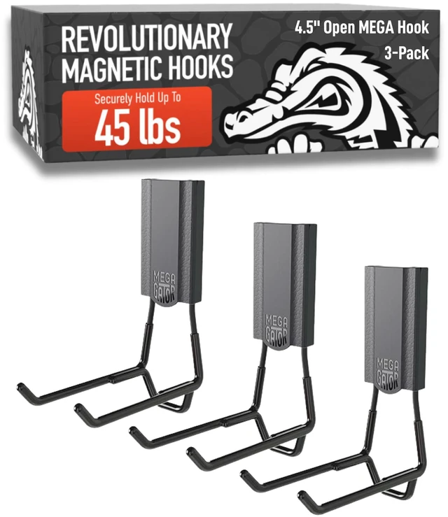 Main image of MEGA 4.5 in Open Hooks, 45 lb Magnetic Hooks 3 Pack Patented Easy-Release, Non-Slip Grip. Works on steel cabinets, doors, garage, toolboxes, pole barns, utility vans & more