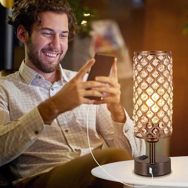 Alt view image 6 of 7 - Crystal Table Lamp Touch Control Set of 2, 3-Way Black Crystal Lamps with USB C+A Ports & AC Outlet, Dimmable Nightstand Desk Lamps,Modern Bedside Table Lamp for Bedroom(Bulbs Included)