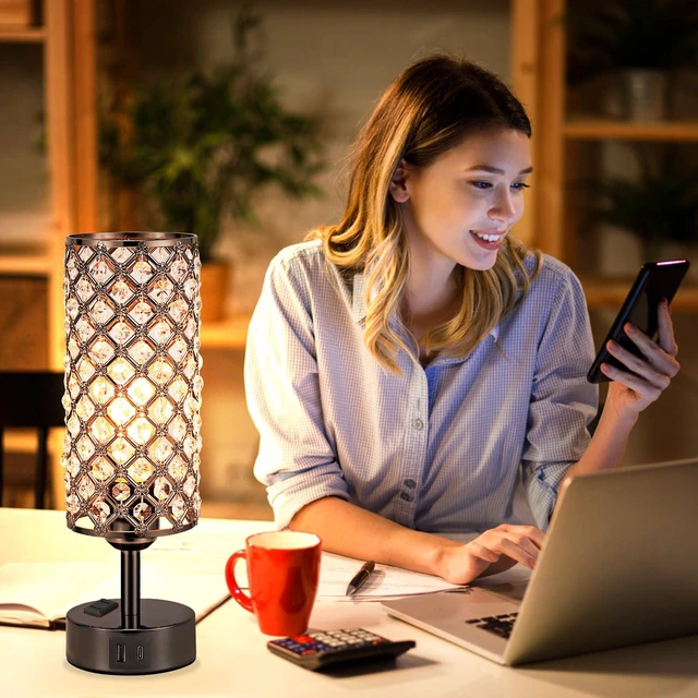 Alt view image 5 of 7 - Crystal Table Lamp Touch Control Set of 2, 3-Way Black Crystal Lamps with USB C+A Ports & AC Outlet, Dimmable Nightstand Desk Lamps,Modern Bedside Table Lamp for Bedroom(Bulbs Included)