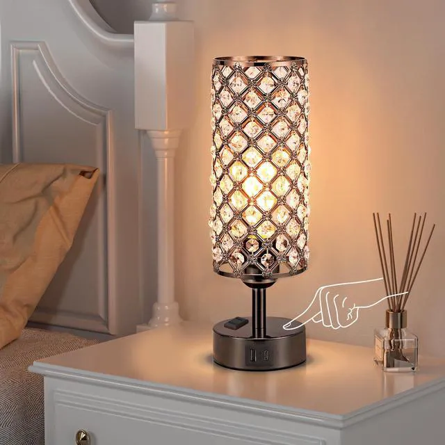 Alt view image 7 of 7 - Crystal Table Lamp Touch Control Set of 2, 3-Way Black Crystal Lamps with USB C+A Ports & AC Outlet, Dimmable Nightstand Desk Lamps,Modern Bedside Table Lamp for Bedroom(Bulbs Included)