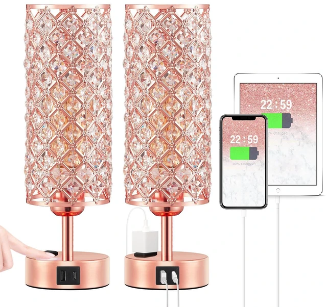 Main image of Rose Gold Lamp Set of 2, 3-Way Crystal Table Lamp Touch Control with USB-C+A & AC Ports, Dimmable Nightstand Desk Light, Pink Bedside Table Lamp for Bedroom(Bulb Included & Set of 2)