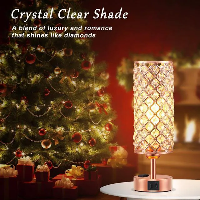 Alt view image 2 of 7 - Rose Gold Lamp Set of 2, 3-Way Crystal Table Lamp Touch Control with USB-C+A & AC Ports, Dimmable Nightstand Desk Light, Pink Bedside Table Lamp for Bedroom(Bulb Included & Set of 2)