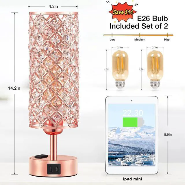 Alt view image 4 of 7 - Rose Gold Lamp Set of 2, 3-Way Crystal Table Lamp Touch Control with USB-C+A & AC Ports, Dimmable Nightstand Desk Light, Pink Bedside Table Lamp for Bedroom(Bulb Included & Set of 2)