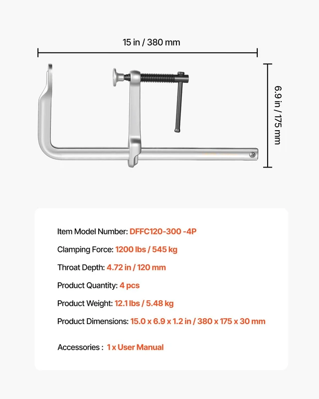 Alt view image 7 of 7 - Bar Clamps for Woodworking, 4-Pack, 12" Opening, 4.72 in Throat Depth, 1200 lbs Load Limit, Sturdy Steel Forging and Casting, with Swivel Jaw and T-Handle, for Wood Working and Metal Working