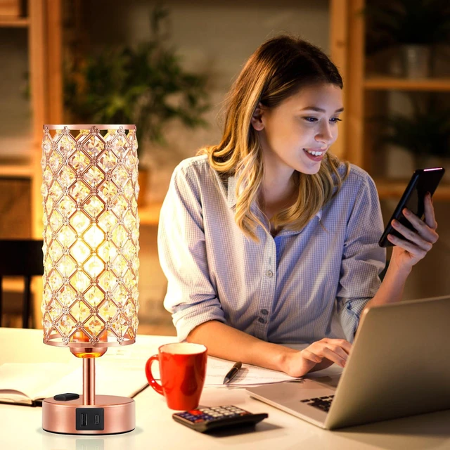 Alt view image 5 of 7 - Rose Gold Lamp Set of 2, 3-Way Crystal Table Lamp Touch Control with USB-C+A & AC Ports, Dimmable Nightstand Desk Light, Pink Bedside Table Lamp for Bedroom(Bulb Included & Set of 2)