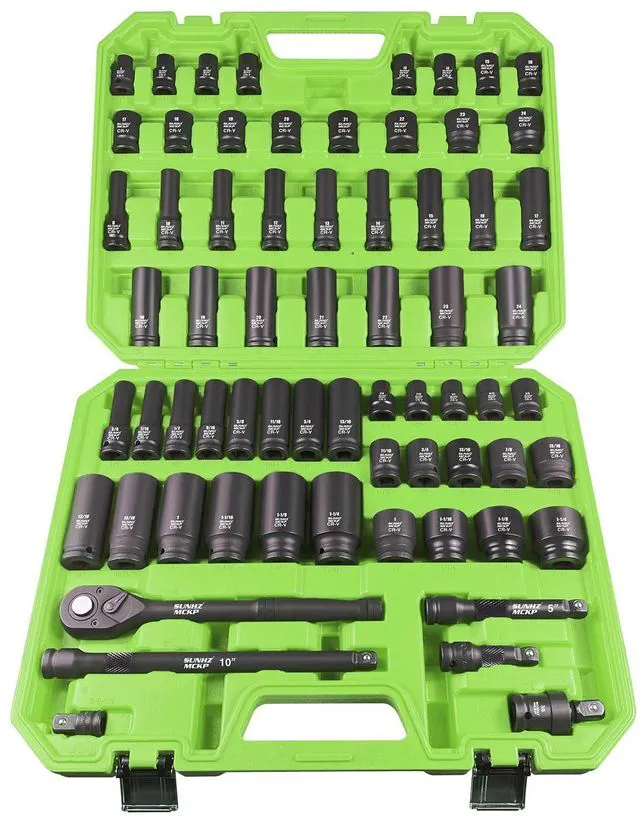 Main image of SUNHZMCKP 1/2" Drive Impact Socket Set, 66 Pcs Standard SAE (3/8"-1-1/4") & Metric (8-24mm), 6 Point Shallow/Deep Socket Kit with Ratchet Handle, Drive Extension Bar, Impact Universal Joint, Cr-V