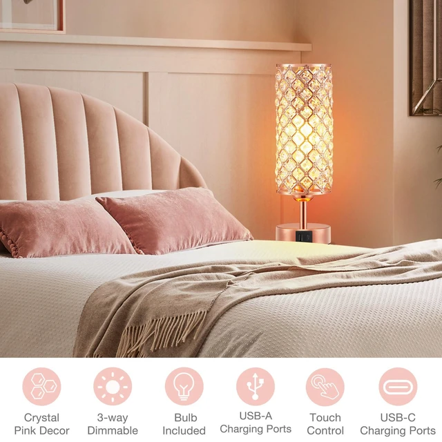 Alt view image 6 of 7 - Rose Gold Lamp Set of 2, 3-Way Crystal Table Lamp Touch Control with USB-C+A & AC Ports, Dimmable Nightstand Desk Light, Pink Bedside Table Lamp for Bedroom(Bulb Included & Set of 2)