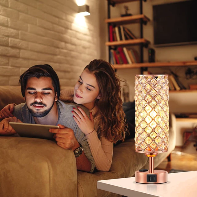 Alt view image 7 of 7 - Rose Gold Lamp Set of 2, 3-Way Crystal Table Lamp Touch Control with USB-C+A & AC Ports, Dimmable Nightstand Desk Light, Pink Bedside Table Lamp for Bedroom(Bulb Included & Set of 2)