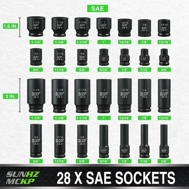 Alt view image 3 of 7 - SUNHZMCKP 1/2" Drive Impact Socket Set, 66 Pcs Standard SAE (3/8"-1-1/4") & Metric (8-24mm), 6 Point Shallow/Deep Socket Kit with Ratchet Handle, Drive Extension Bar, Impact Universal Joint, Cr-V