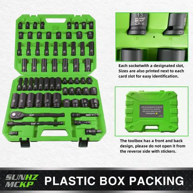 Alt view image 6 of 7 - SUNHZMCKP 1/2" Drive Impact Socket Set, 66 Pcs Standard SAE (3/8"-1-1/4") & Metric (8-24mm), 6 Point Shallow/Deep Socket Kit with Ratchet Handle, Drive Extension Bar, Impact Universal Joint, Cr-V