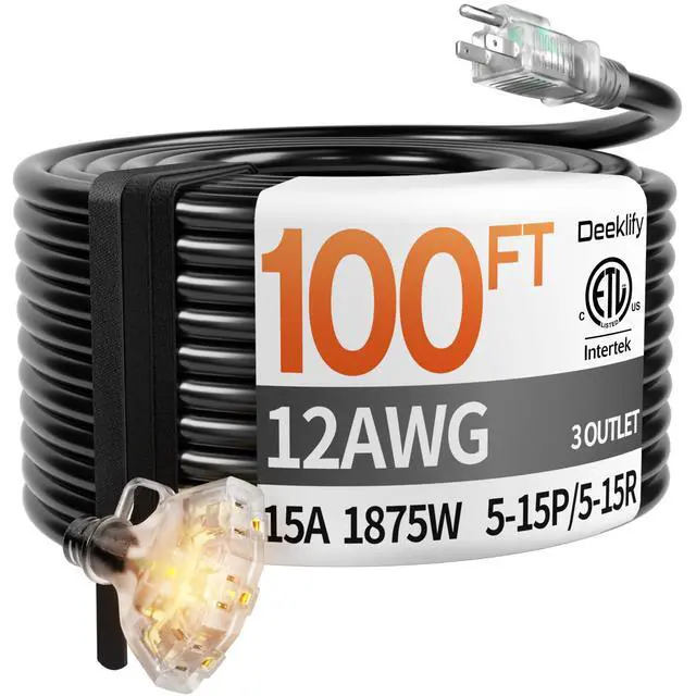 Main image of 100FT 12 Gauge Black Outdoor Extension Cord with Multiple Outlets 3 Outlet Black Extension Cord 100 Feet, Indicator Light & Hook, Flexible Waterproof SJTW, 15A 1875W, ETL Listed, Home/Garden