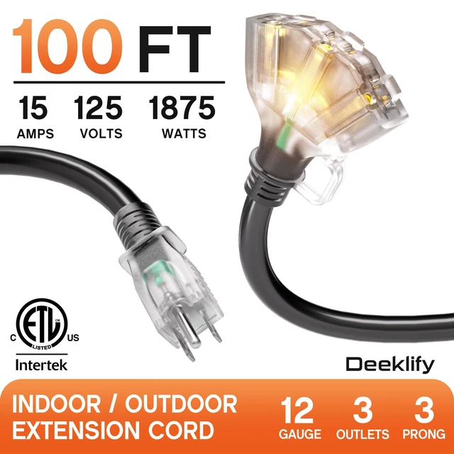 Alt view image 2 of 7 - 100FT 12 Gauge Black Outdoor Extension Cord with Multiple Outlets 3 Outlet Black Extension Cord 100 Feet, Indicator Light & Hook, Flexible Waterproof SJTW, 15A 1875W, ETL Listed, Home/Garden