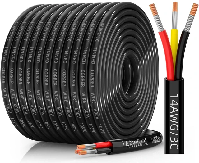 Main image of 14 Gauge Wire, 14/3 Conductor Tinned Copper Electrical Wire, 100FT Flexible, Waterproof & Flame-Retardant Low-Voltage 14 AWG 3 Wire Cable with PVC Jacket for Automotive, RV, Marine, LED Strip
