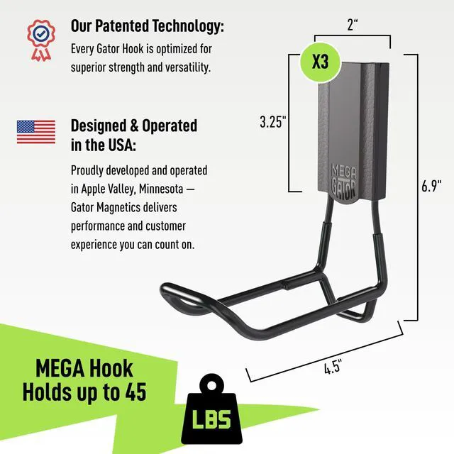 Alt view image 2 of 7 - MEGA 4.5 in Closed Hooks, 45 lb Magnetic Hooks 3 Pack Patented Easy-Release, Non-Slip Grip. Works on steel cabinets, doors, garage, toolboxes, pole barns, utility vans & more