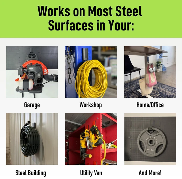 Alt view image 5 of 7 - MEGA 4.5 in Closed Hooks, 45 lb Magnetic Hooks 3 Pack Patented Easy-Release, Non-Slip Grip. Works on steel cabinets, doors, garage, toolboxes, pole barns, utility vans & more