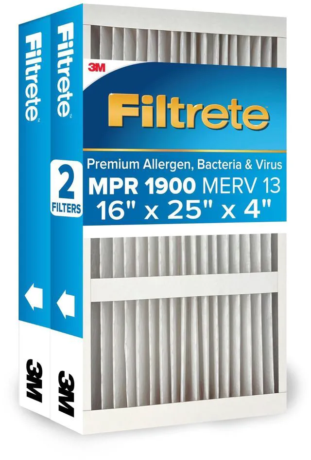 Main image of 16x25x4 AC Furnace Air Filter, MERV 13, MPR 1900, Premium Allergen, Bacteria & Virus Filter, Electrostatic Air Cleaning Filter, 2-Pack (Actual Size 15.44 x 24.62 x 4.31 in)