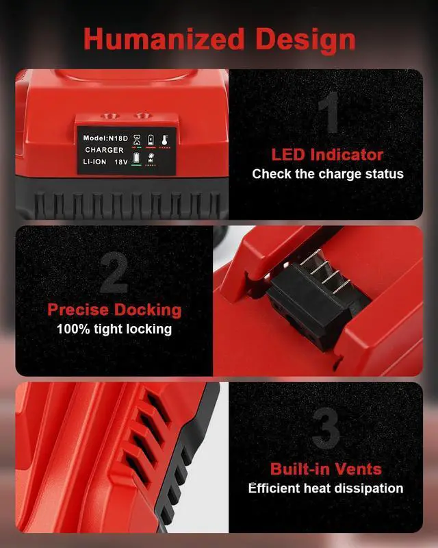 Alt view image 4 of 7 - 2-Pack 18V 6.0Ah Replacement for Milwaukee M-18 Battery and 1 Charger(red)