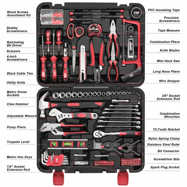 Alt view image 3 of 7 - 259-Piece Home Tool Kit with Portable Storage Box, Red Complete Repair Tools for Household/ Car/ Mechanics, General ToolKit for Men and Women