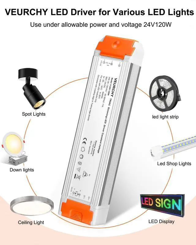 Alt view image 7 of 7 - 120W 24V Dimmable LED Driver,Triac Dimmable Transformer AC 120V to DC 24V 120 Watt Compatible with Lutron & Leviton Dimmer Switches, Dimmer Led Power Supply 24 Volt for Strip Lights