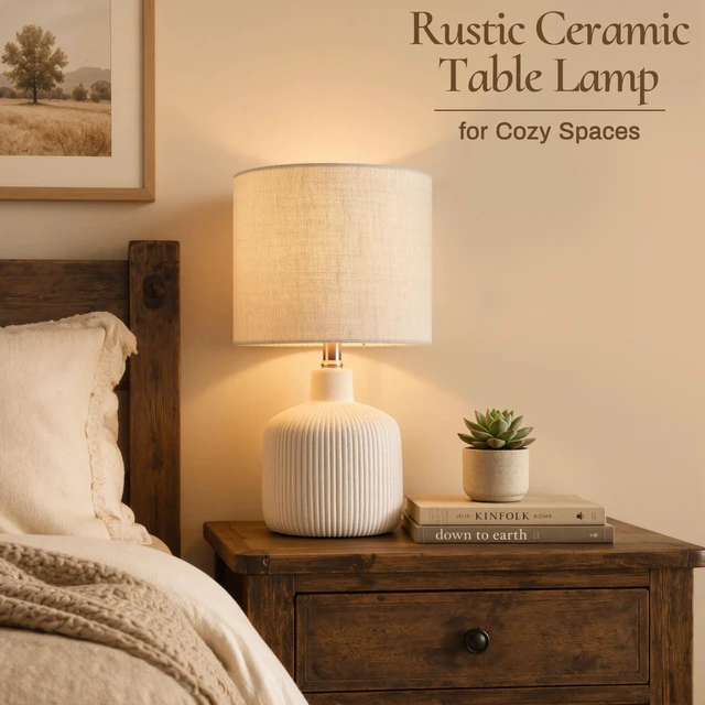 Alt view image 2 of 7 - Ceramic Table Lamp, Off-White, 17.75" Rustic Farmhouse, Beige Linen Shade, Warm Ambient Lighting, Bedside Nightstand