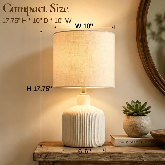 Alt view image 3 of 7 - Ceramic Table Lamp, Off-White, 17.75" Rustic Farmhouse, Beige Linen Shade, Warm Ambient Lighting, Bedside Nightstand
