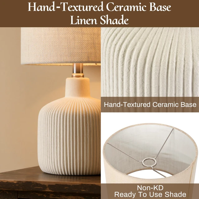 Alt view image 4 of 7 - Ceramic Table Lamp, Off-White, 17.75" Rustic Farmhouse, Beige Linen Shade, Warm Ambient Lighting, Bedside Nightstand