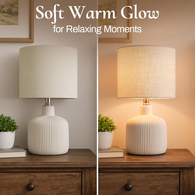 Alt view image 5 of 7 - Ceramic Table Lamp, Off-White, 17.75" Rustic Farmhouse, Beige Linen Shade, Warm Ambient Lighting, Bedside Nightstand