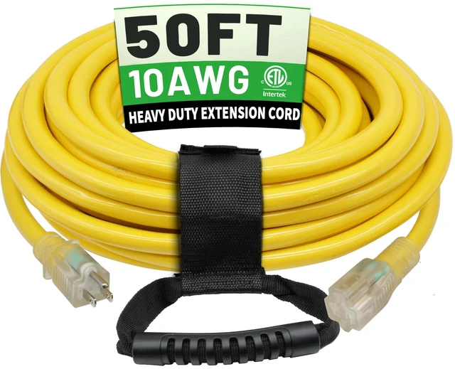 Main image of 50 Ft 10AWG Outdoor Extension Cord, Yellow Waterproof Heavy Duty, 10 Gauge 3 Prong, Flexible Cold-Resistant, Indoor & Outside with Lighted Indicator End, ETL Listed