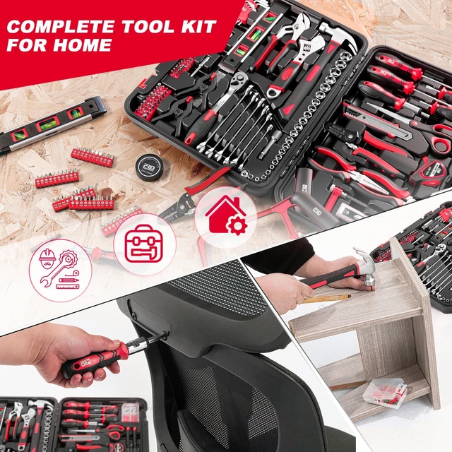 Alt view image 5 of 7 - 259-Piece Home Tool Kit with Portable Storage Box, Red Complete Repair Tools for Household/ Car/ Mechanics, General ToolKit for Men and Women