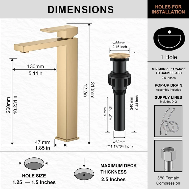 Alt view image 6 of 7 - Champagne Bronze Vessel Sink Faucet 1 Handle, Tall Bathroom Faucet Vessel Bowl Faucet with Pop Up Drain & Supply Lines, Lead-Free cUPC & NSF Certified, 1 Hole Faucet for Vanity RV Restroom