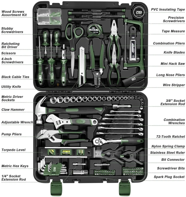 Alt view image 3 of 7 - 259-Piece Tool Kit, Household Essential Tool Set, Green All-Purpose Tools for Home, Office or Automotive Projects, Gift for Homeowner, Diyer, Handyman