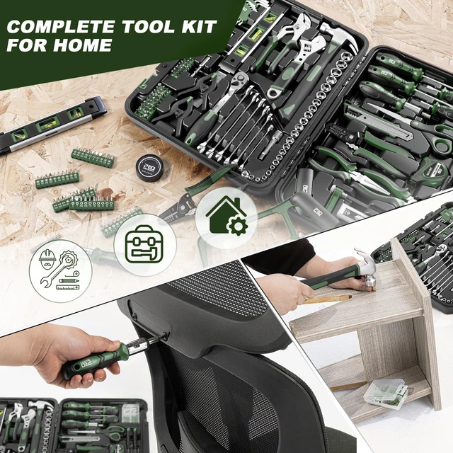Alt view image 5 of 7 - 259-Piece Tool Kit, Household Essential Tool Set, Green All-Purpose Tools for Home, Office or Automotive Projects, Gift for Homeowner, Diyer, Handyman