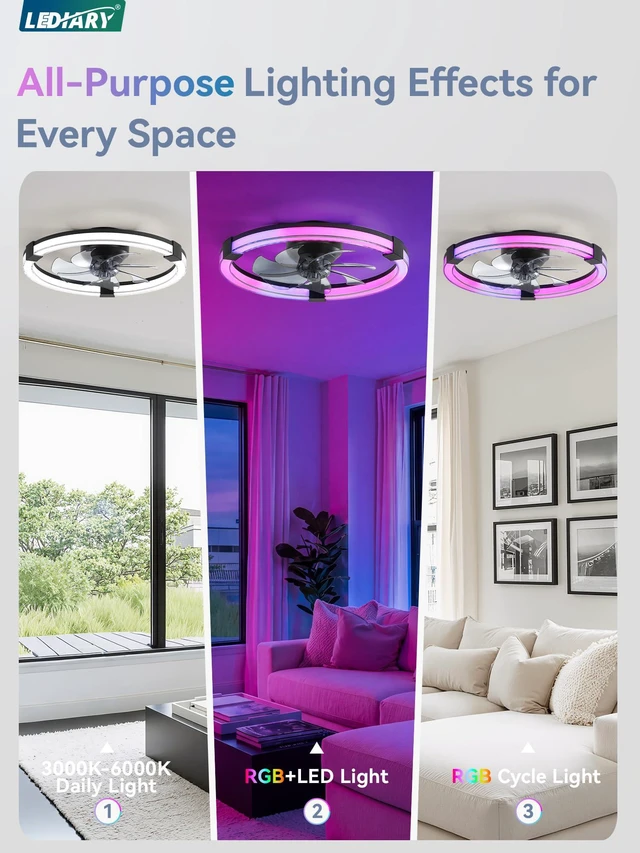 Alt view image 2 of 7 - Ceiling Fan with Light,20inch Low Profile Fandelier with Remote RGB RGB,6 Speeds, Reversible DC Motor, Dimmable Flush Mount Fan Light, Modern fans for Bedroom