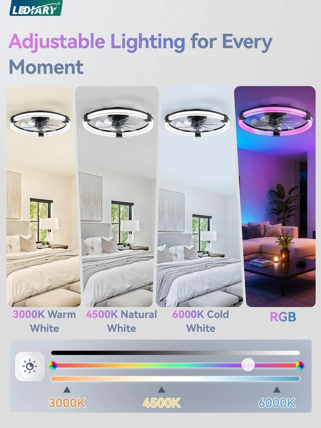 Alt view image 3 of 7 - Ceiling Fan with Light,20inch Low Profile Fandelier with Remote RGB RGB,6 Speeds, Reversible DC Motor, Dimmable Flush Mount Fan Light, Modern fans for Bedroom