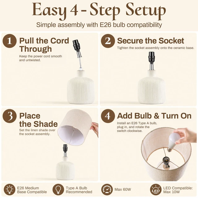 Alt view image 7 of 7 - Ceramic Table Lamp, Off-White, 17.75" Rustic Farmhouse, Beige Linen Shade, Warm Ambient Lighting, Bedside Nightstand