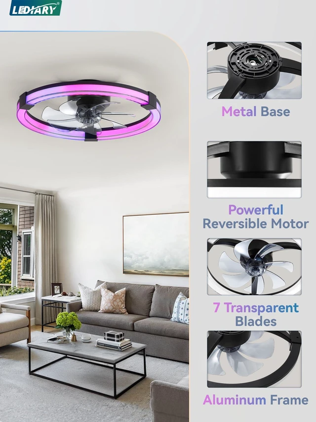 Alt view image 5 of 7 - Ceiling Fan with Light,20inch Low Profile Fandelier with Remote RGB RGB,6 Speeds, Reversible DC Motor, Dimmable Flush Mount Fan Light, Modern fans for Bedroom