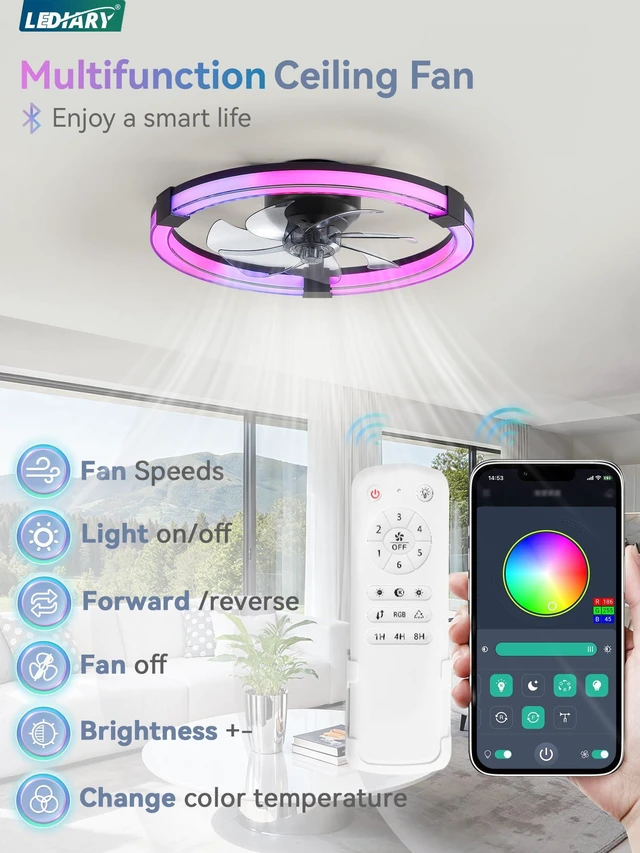Alt view image 6 of 7 - Ceiling Fan with Light,20inch Low Profile Fandelier with Remote RGB RGB,6 Speeds, Reversible DC Motor, Dimmable Flush Mount Fan Light, Modern fans for Bedroom